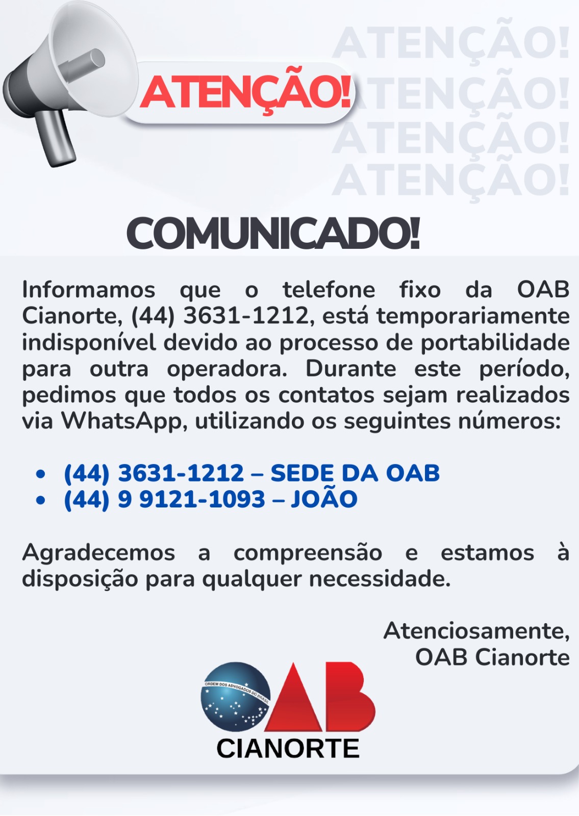 Comunicado Importante da OAB Cianorte: Mudança Temporária no Contato Telefônico