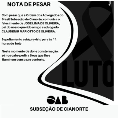 Nota de Pesar da OAB Cianorte: Falecimento de José Lima de Oliveira